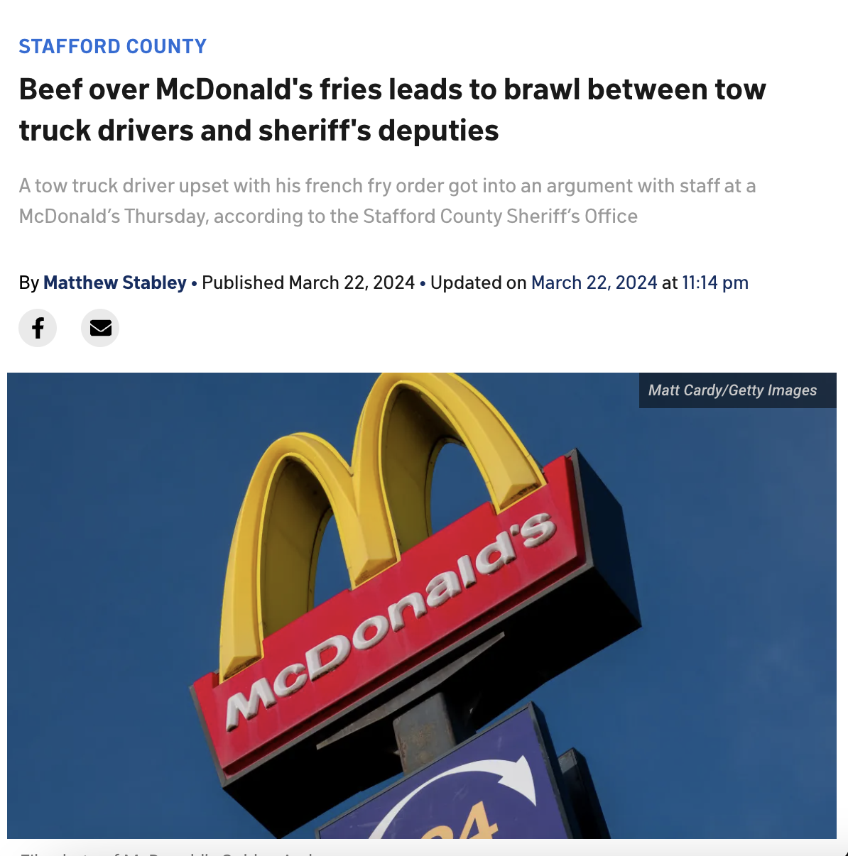 screenshot - Stafford County Beef over McDonald's fries leads to brawl between tow truck drivers and sheriff's deputies A tow truck driver upset with his french fry order got into an argument with staff at a McDonald's Thursday, according to the Stafford 